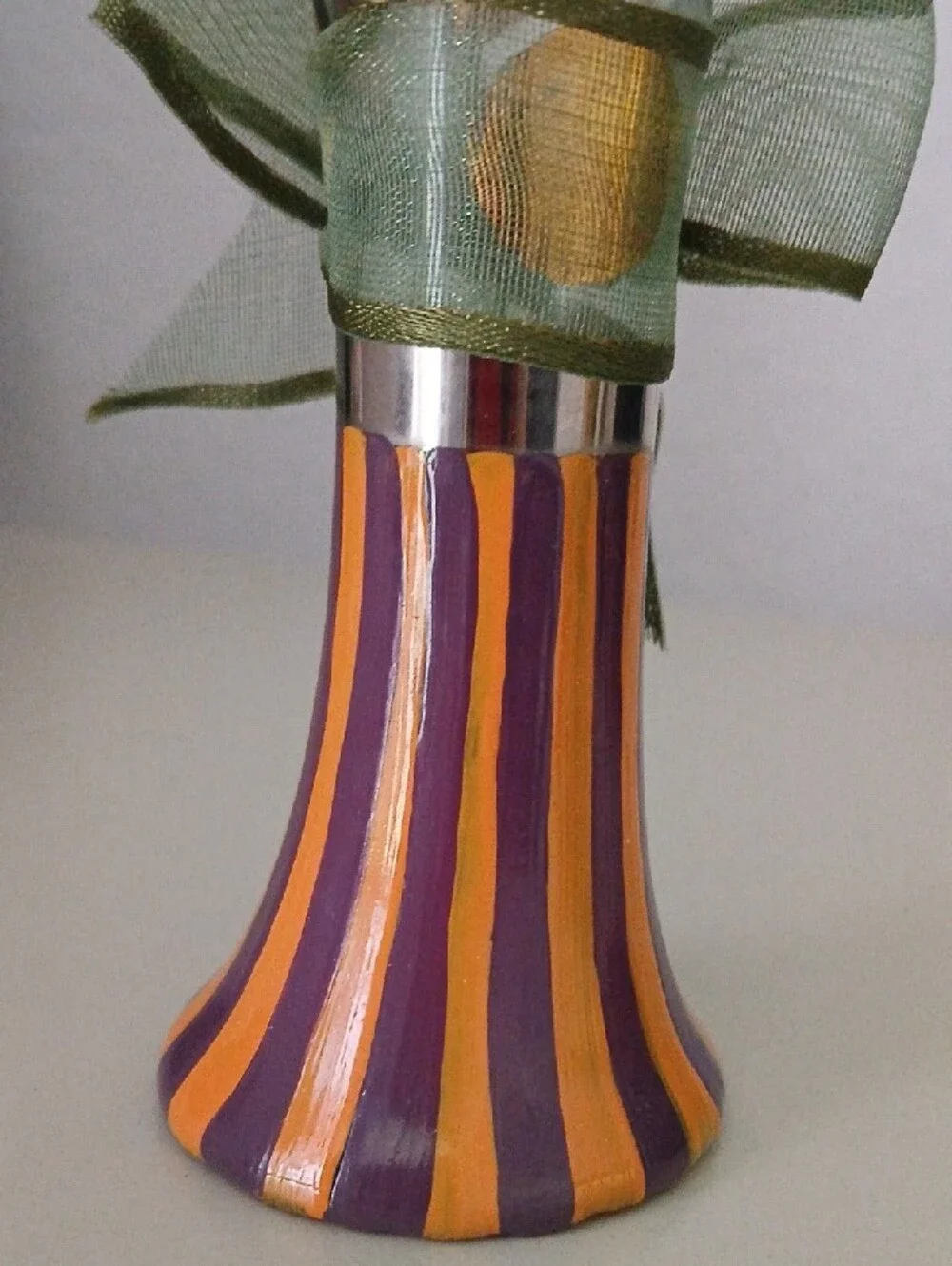 MackenzieChilds Handblown Ruffled Glass Vase with Gold Dot Accents and Green Bow